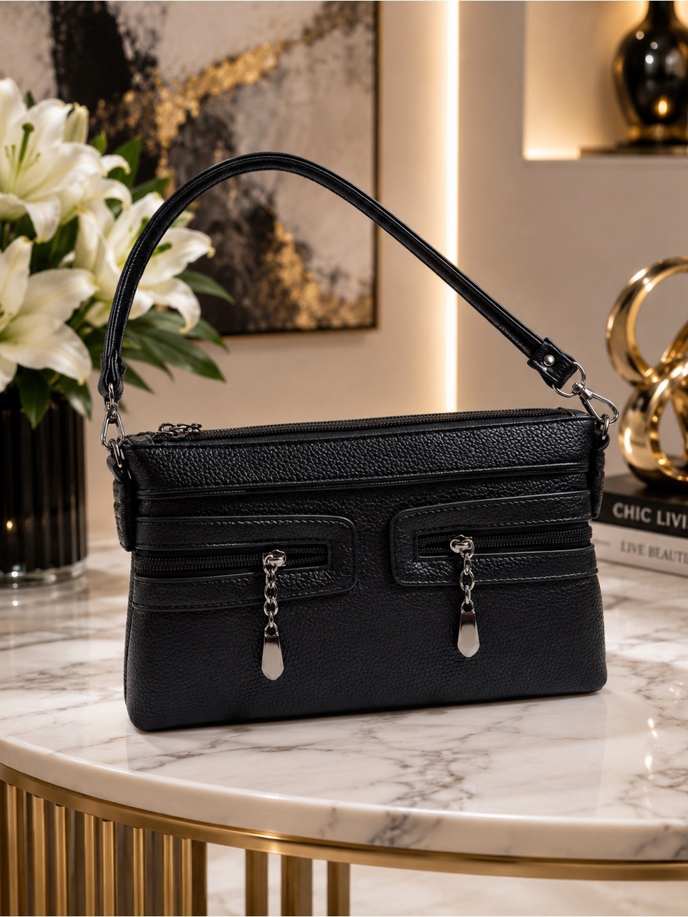 🆕 FALL! Black Faux Leatherette Shoulder Bag with Dual Zip Pockets